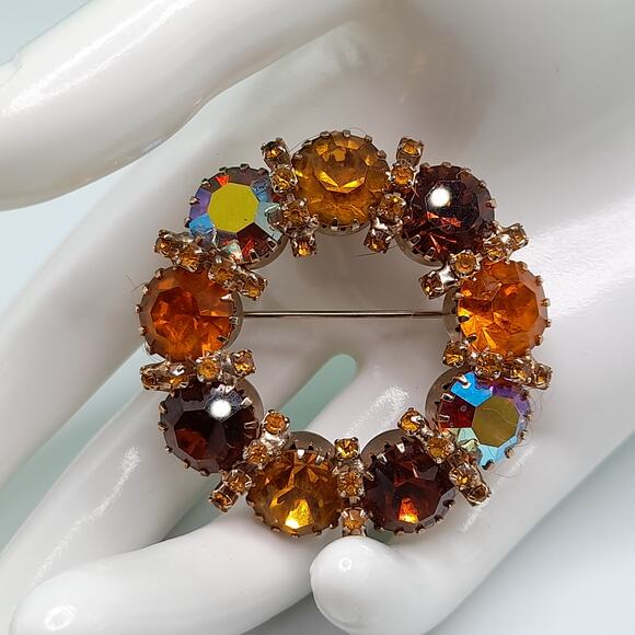 Vintage Karu Arke Style Autumn Rhinestone Wreath Brooch Topaz AB 1.75\